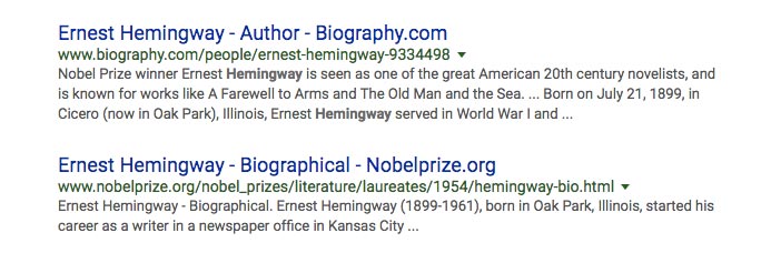 InURL - Hemingway search on Google